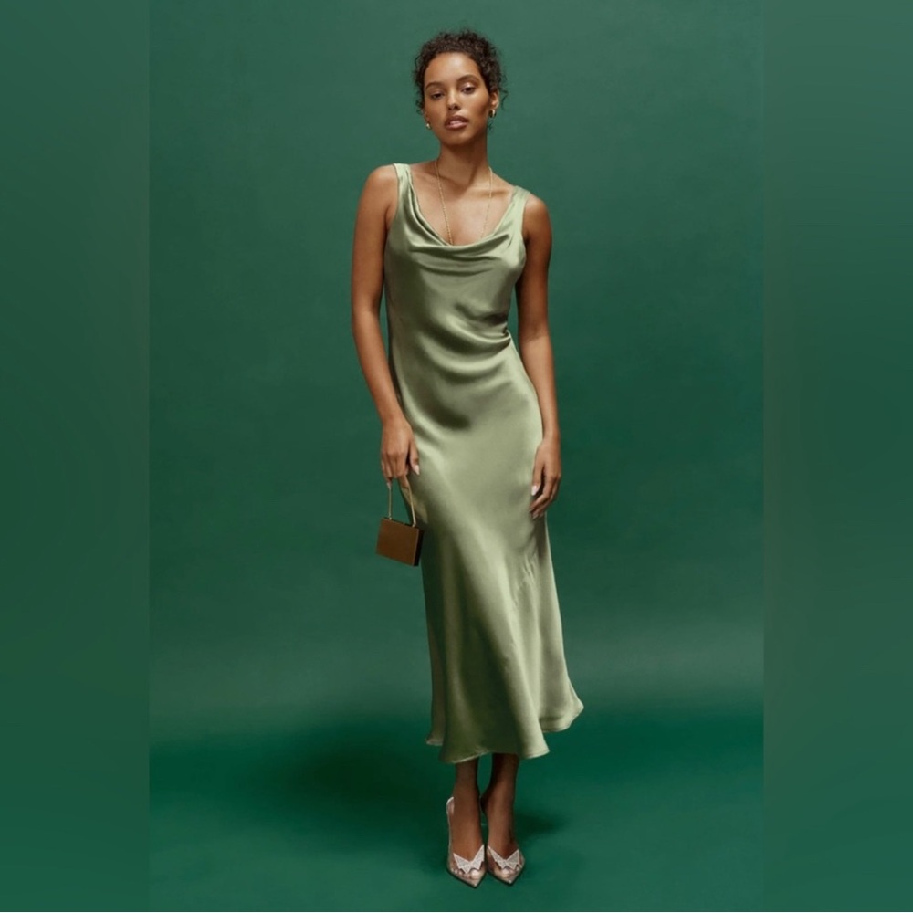 Reformation Olive Green Satin Midi Dress